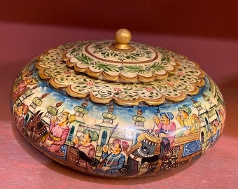 Wooden tobacco box with bone inlay and very fine painting/ wooden round shape box/ decorative box/ indian art/ indian handicrafts, furniture