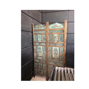 4 x hand carved indian partition screen room divider painted 3 panel, set of 4 pieces, room divider, partition screen, hand painted