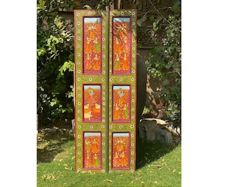 ヴィンテージ インド ドア、ドア セット、インド ドア、リサイクル チーク材、ヴィンテージ ドア、塗装ドア、手描きのピチワイ スタイルのメイン ドア