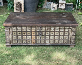 Wooden carved vintage chest/rare dowry chest/vintage dowry chest/wooden exclusive and decorative coffee table/chest with iron work patina.