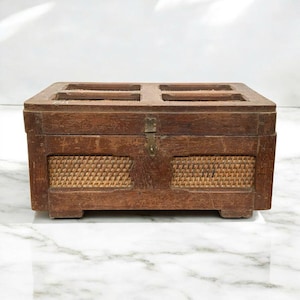 Antique Cane & Teak Wood Picnic Basket