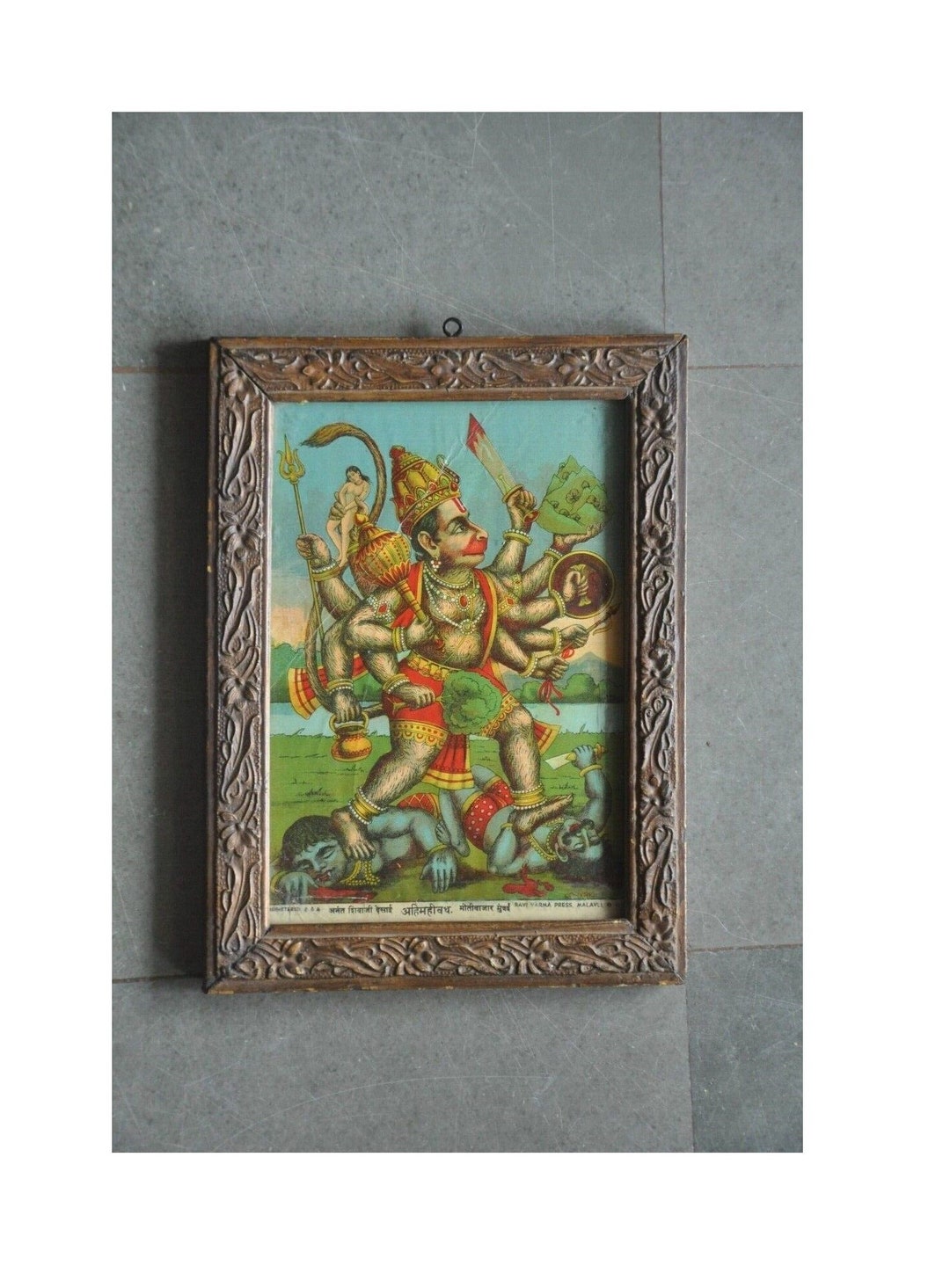 Vintage Ravi Varma Wooden Framed Lord Hanuman Ahi-mahi Vadha Litho ...