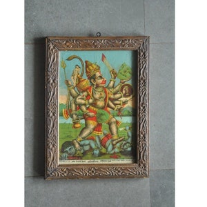 Vintage ravi varma wooden framed lord hanuman ahi-mahi vadha litho print, Vintage frame, Vintage raja ravi varma press, lithograph , indian