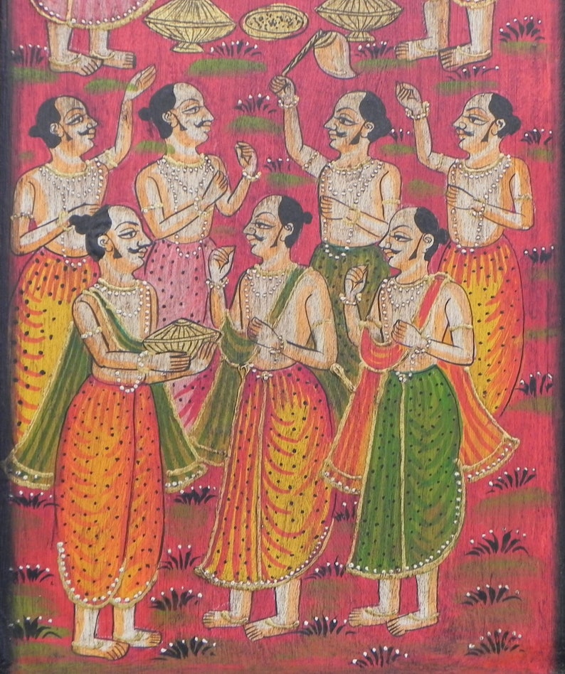 Tableau Sur Bois Peint Main Déesse Hindoue Avec Dévot - Décoration Ethnique Indienne