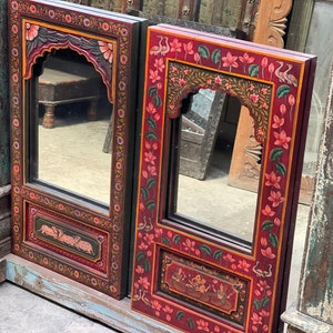 Wooden jharokha mehrab mirror frame, hand painted mirror frame, reclaimed wood distressed mirror frame, indian wall panel, wall hanging