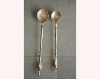 2 Pc Old Brass Long Heavy Handcrafted Solid Heavy Spoons, Nice Patina/pulses rare vintage spoon kitchenware collectible