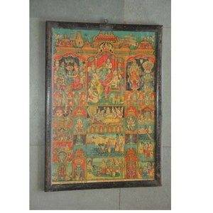 Vintage wooden framed whole murthi of rameshwaram colorful litho print, hindu lord ram, south indian cotton hand work art, hindu religious