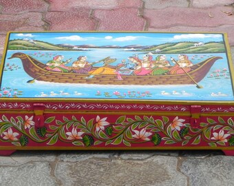 Coffre Malle Vintage Indien – Boîte En Bois Peinte à La Main, Années 80, Déco Maison