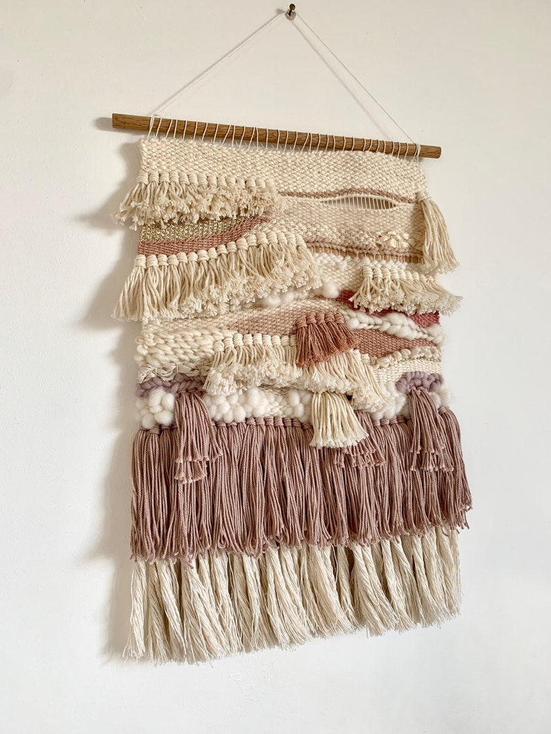Woven wall hanging, pink and gold multi-layered tassel wall hanging image 8