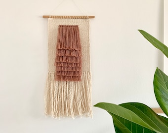 Woven wall hanging, tassel weaving, brick pink tassel wall hanging