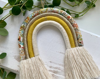 Rainbow wall hanging, macrame rainbow in Liberty Classic Meadow mustard and gold