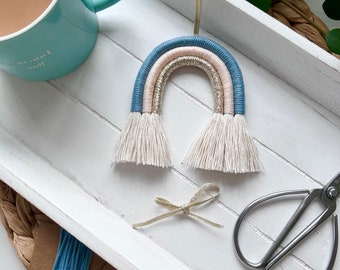 DIY macrame, Make a Rainbow Kit! Craft kit, mini blue rainbow wall hanging