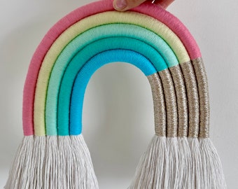 Large macrame rainbow wall hanging, pastel with gold insert, bedroom wall rainbow