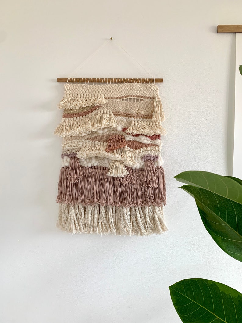 Woven wall hanging, pink and gold multi-layered tassel wall hanging image 1