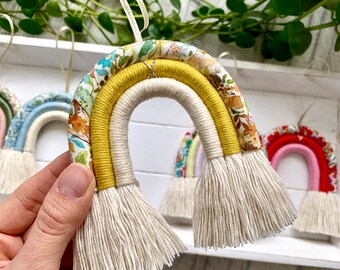 Mini Liberty Kisses rainbow, handmade macrame rainbow in Liberty fabric in Classic Meadow and mustard