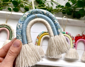 Mini Liberty Kisses rainbow, handmade macrame rainbow in Liberty fabric Hesketh House and blue cotton