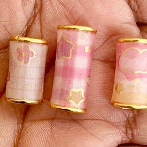 Kawaii Loc Jewelry Bead Set of 3 Hair beads for Braids, Handmade Dreadlock Charms, Cute Pink Dread Beads, Gold Foil Bead Set