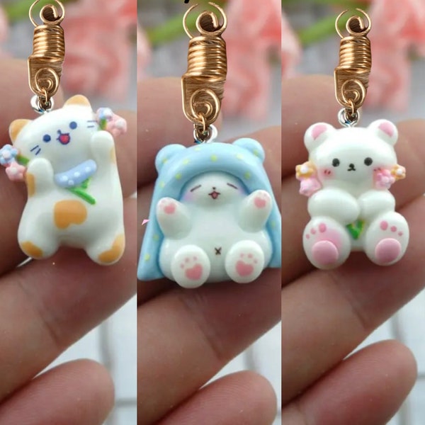 Kawaii Loc Charms, Loc Jewelry, Hair Charms, Dreadlock beads, kids braid charms, Cat Bear Accessories