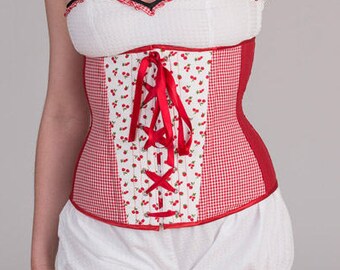 Red white underbust corset cherries strawberries ready to ship Rockabilly retro pinup corset fruits tightlacing corset Cherry gingham corset
