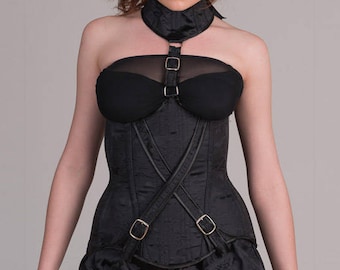 Black underbust posture collar buckles belts straps strips ready to ship Fetish damascus corset Black jacquard tightlacing corset brocade