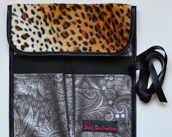 Leopard print brushes case Rockabilly make up case Animal print make up gift ready to ship Leo print vanity kit Synthetic fur makeup bag