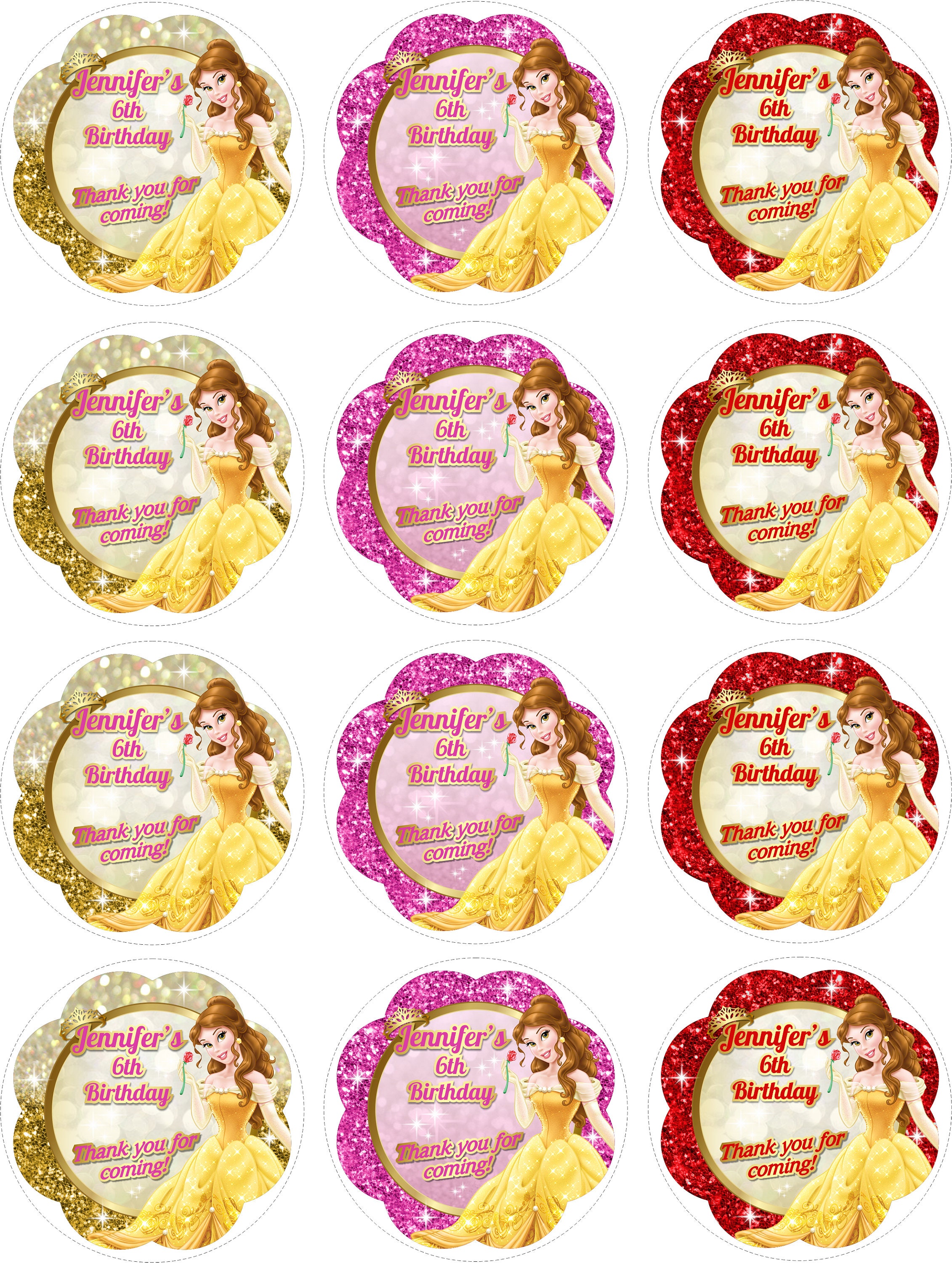 Princess Belle Thank You Sticker Personalized DIY Birthday | Etsy