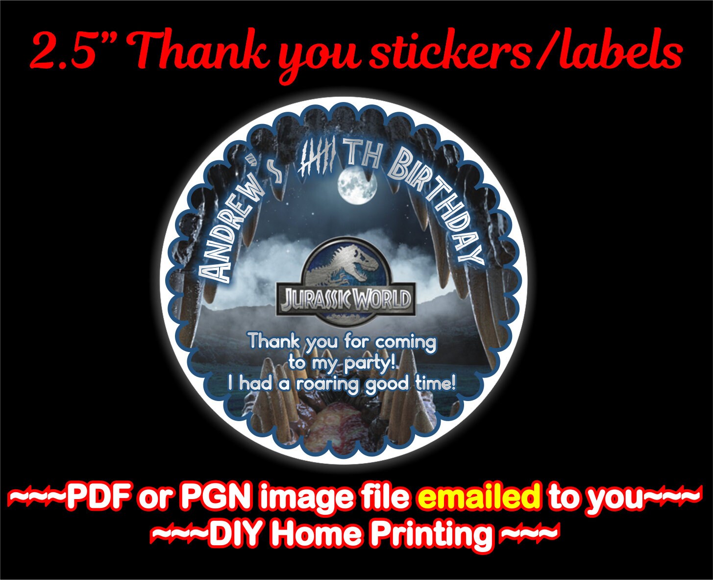 Jurassic World, Thank you Sticker, Jurassic Gift Tag, Jurassic Favor ...