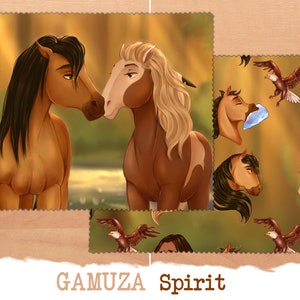 Puede incluir: Dos caballos marrones con largas crines, uno con una crin rubia y el otro con una crin marrón oscuro, se miran. El caballo con la crin rubia tiene una mancha blanca en su pata trasera. El fondo es una imagen borrosa de un bosque.