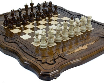 Large Walnut wooden Chess Set - 3 in 1 chess, backgammon, checkers - Handmade High Detail Wooden Game Armenian Aarat