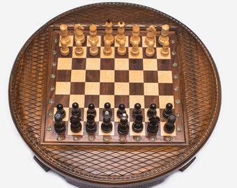 Gorgeous Big circular chess set 23.6 inch. Walnut wooden chess Large High Detail Unique chessboard gift