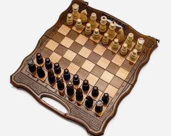 Chess Set - 3 in 1 chess, backgammon, checkers - Handmade High Detail Wooden Game