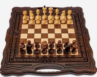 Walnut wooden Chess Set - 3 in 1 chess, backgammon, checkers - Handmade High Detail Wooden Game