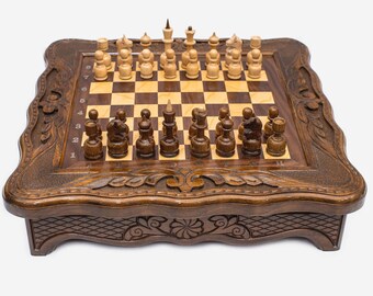 chess set 15.7 inch Gorgeous Big Walnut wooden chess Large High Detail Unique chessboard gift