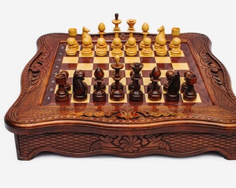 Chess set 19.7 inch Gorgeous Big Walnut wooden chess Large High Detail Unique chessboard gift