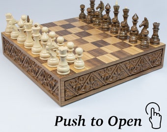 Unique Chess set with push to open drawer, Made from walnut wood, handmade chess board with wooden chess pieces, premium chess, luxury chess