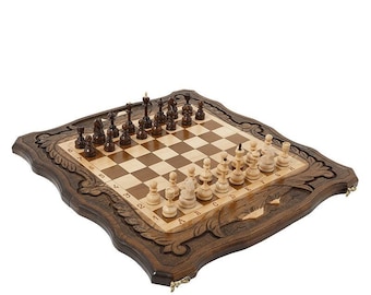 Large Walnut wooden Chess Set - 3 in 1 chess, backgammon, checkers - Handmade High Detail Wooden Game Armenian Aarat