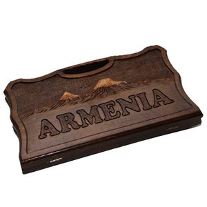 Hand Carved Wooden Backgammon Checkers Set: Armenian Ararat Inlaid Nardi + Gift