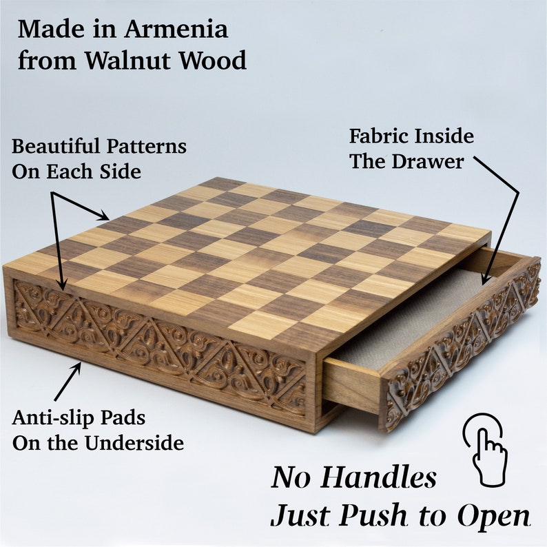Unique Chess set with push to open drawer, Made from walnut wood, handmade chess board with wooden chess pieces, premium chess, luxury chess image 2
