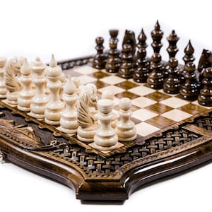 Armenian Chess Set: Hand-Carved Ararat Wood Backgammon & Checkers