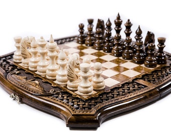 High quality Chess Set - Personalized wooden backgammon and checkers Armenian Ararat carved