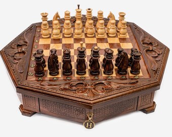 Gorgeous Big octagon chess set 19.7 inch. Walnut wooden chess Large High Detail Unique chessboard gift