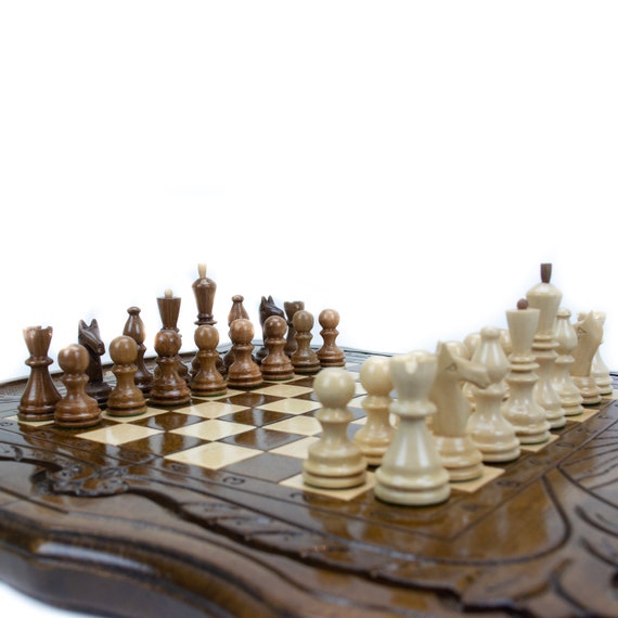Large Walnut Wooden Chess Set - 3 in 1 Chess, Backgammon, Checkers 