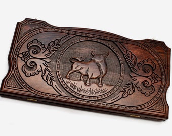 Backgammon Bull engraved - 23.6 inch - handmade inlaid backgammon - personalized