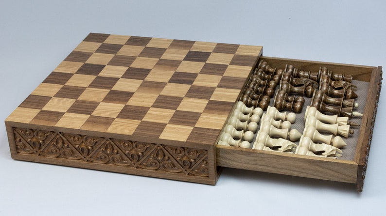 Unique Chess set with push to open drawer, Made from walnut wood, handmade chess board with wooden chess pieces, premium chess, luxury chess image 4