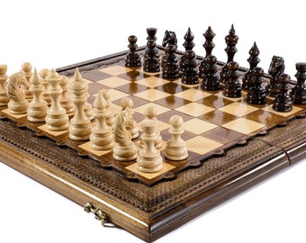 Gorgeous square  Chess Set - Personalized wooden backgammon and checkers Armenian  carved