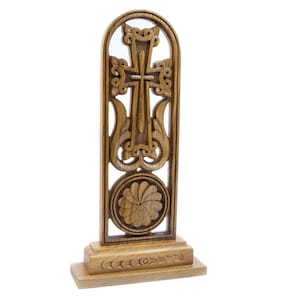 Handmade Walnut Wood Khachkar Cross: Armenian Desk Decor
