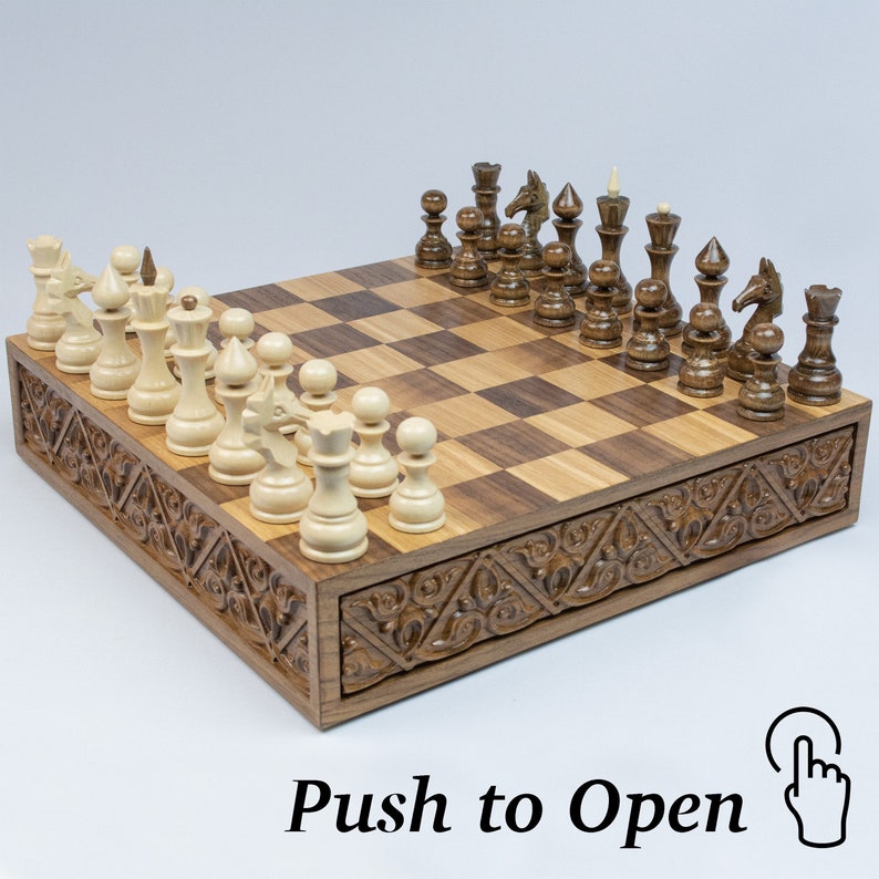 chess set with push to open drawer