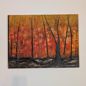 May include: An abstract painting of a forest scene with tall, black tree trunks against a vibrant background of orange and red hues. The artwork evokes an autumn landscape with a textured, expressive style.