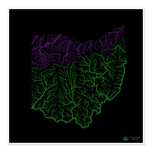 Ohio - Carte du bassin hydrographique, arc-en-ciel sur noir - Impression artistique
