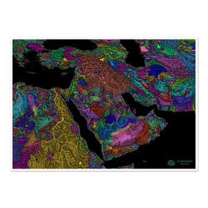 Le Moyen-Orient - Carte des bassins hydrographiques, arc-en-ciel sur noir - Impression artistique